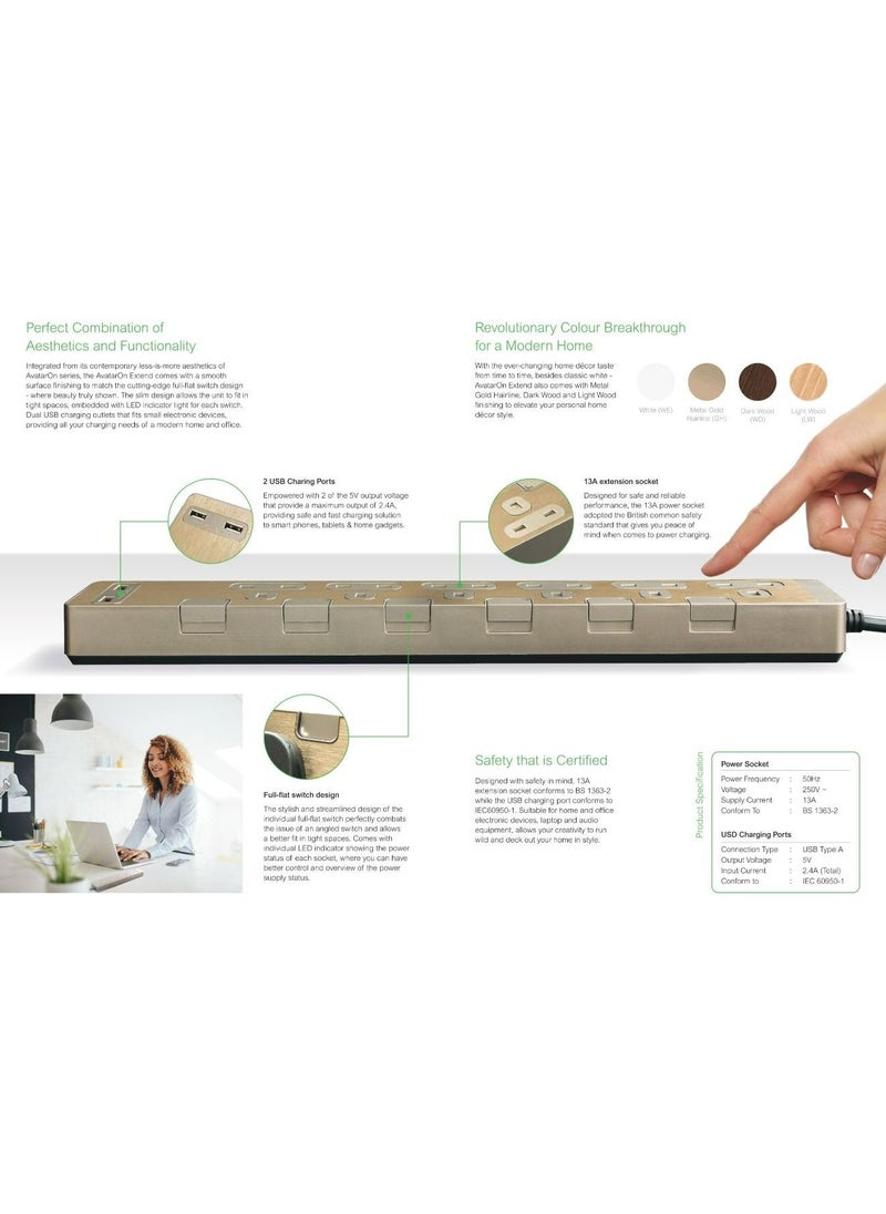 Schneider Electric - Schneider Electric AvatarOn Extension Cord /cable with USB,  6 Sockets with individual switch, 3M, Power Socket/ Strips/ Multi Plug, Wood - TSH36U_3_WD - Image 1