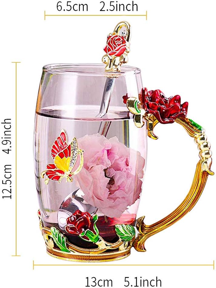 DasyFly Birthday Gifts For Women,Enamel Butterfly Flower Glass Tea Cup Rose Red Coffee Mug,Cute Gifts For Mom Grandma Women Wife Female Friend on Mothers day Anniversary Christmas Valentines - Image 4