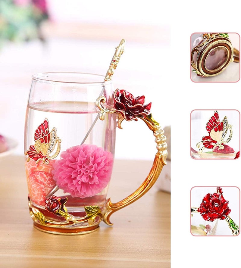 DasyFly Birthday Gifts For Women,Enamel Butterfly Flower Glass Tea Cup Rose Red Coffee Mug,Cute Gifts For Mom Grandma Women Wife Female Friend on Mothers day Anniversary Christmas Valentines - Image 3