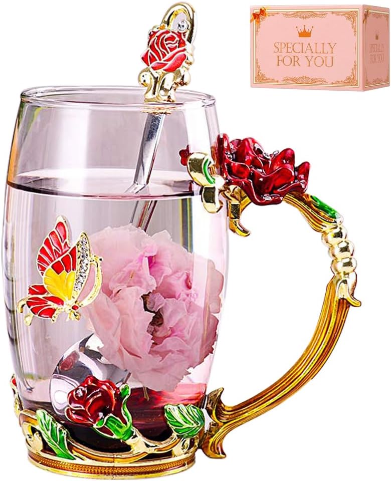 DasyFly Birthday Gifts For Women,Enamel Butterfly Flower Glass Tea Cup Rose Red Coffee Mug,Cute Gifts For Mom Grandma Women Wife Female Friend on Mothers day Anniversary Christmas Valentines - Image 1