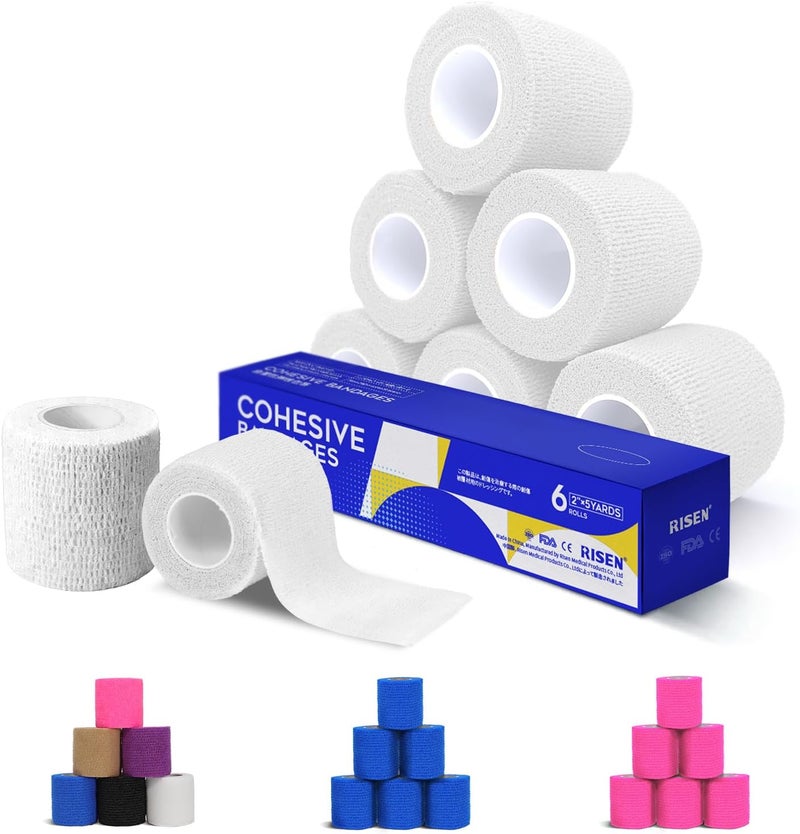 RISEN Cohesive Bandage 2 x 5 Yards 6 Rolls Self Adherent Wrap Medical Tape Adhesive Flexible Breathable First Aid Gauze Ideal for Stretch Athletic
