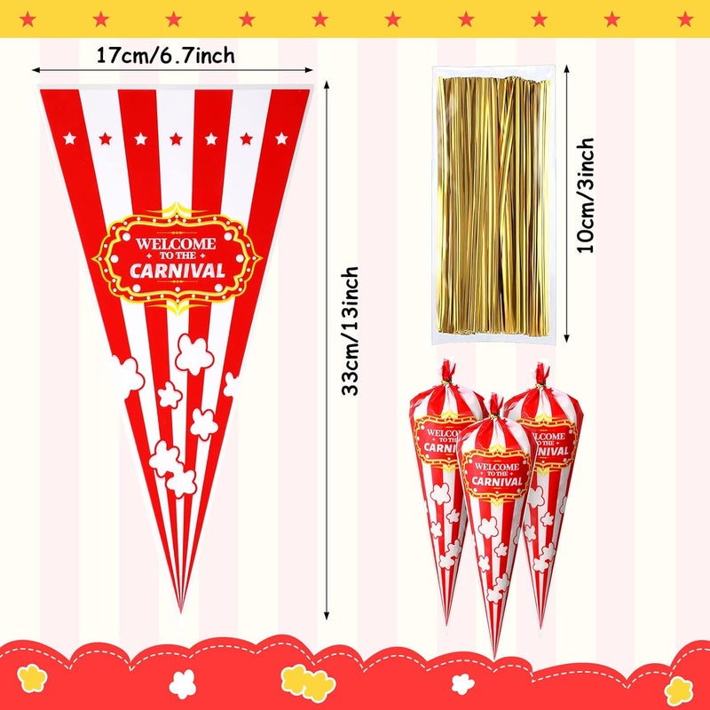 Epakh 120 Pcs Carnival Bags Carnival Party Decorations Red White Circus Cone Popcorn Bags with Gold Twisted Ties for Party Favor Supplies candy Cookie Wrapping - Image 2