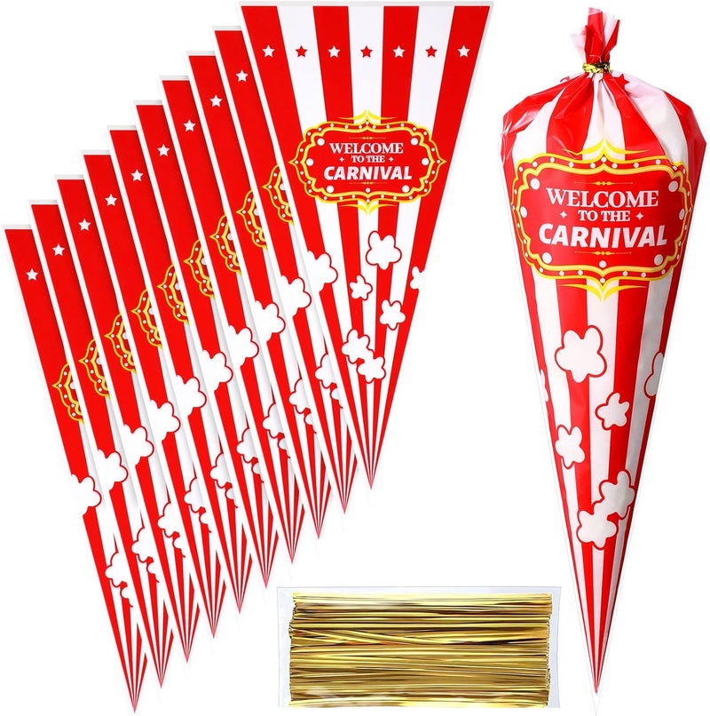 Epakh 120 Pcs Carnival Bags Carnival Party Decorations Red White Circus Cone Popcorn Bags with Gold Twisted Ties for Party Favor Supplies candy Cookie Wrapping - Image 1