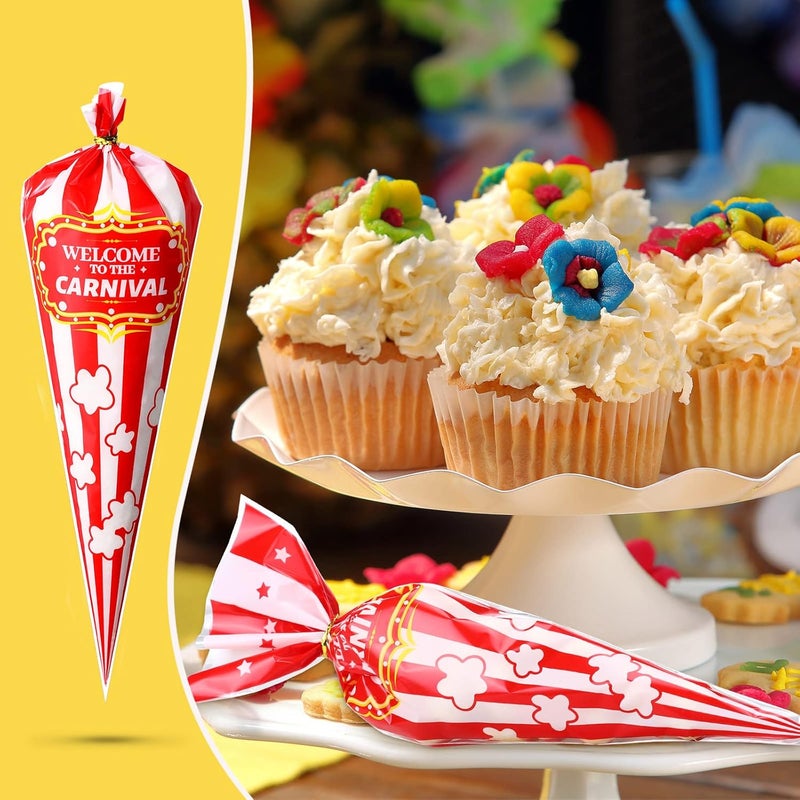 Epakh 120 Pcs Carnival Bags Carnival Party Decorations Red White Circus Cone Popcorn Bags with Gold Twisted Ties for Party Favor Supplies candy Cookie Wrapping - Image 5