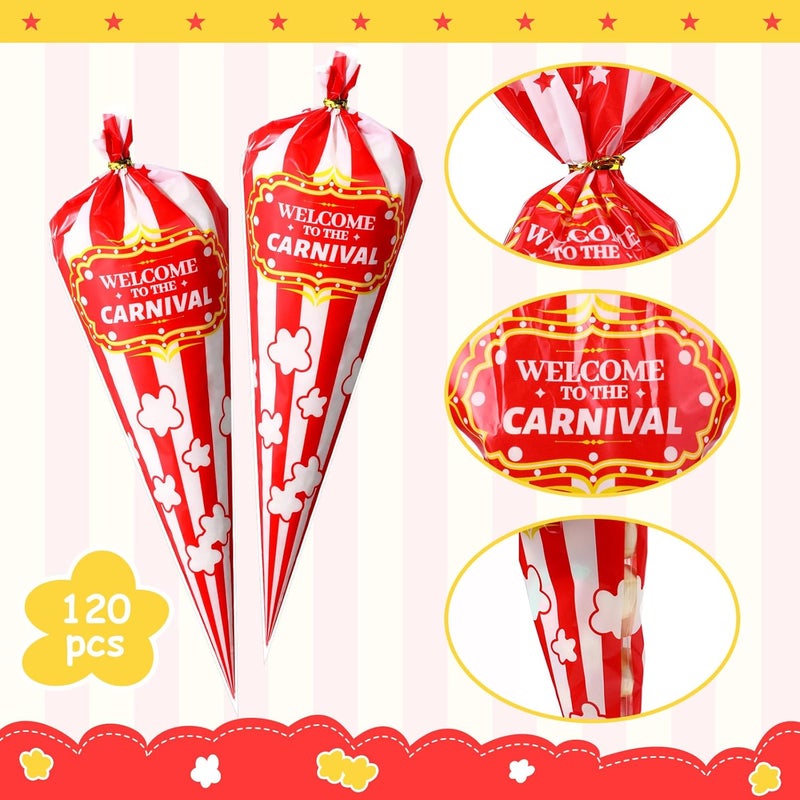 Epakh 120 Pcs Carnival Bags Carnival Party Decorations Red White Circus Cone Popcorn Bags with Gold Twisted Ties for Party Favor Supplies candy Cookie Wrapping - Image 4
