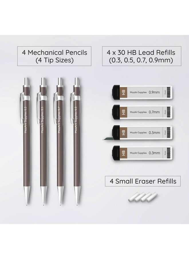MozArt Supplies - Mozart Mechanical Pencil Set With Case 4 Sizes 0.3 0.5 0.7 & 0.9Mm With 30 Hb Lead Refills Each & 4 Eraser Refills Sketch Drafting Art Drawing Supplies (Nickle) - Image 1
