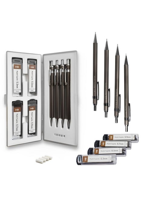 Mozart Mechanical Pencil Set With Case 4 Sizes 0.3 0.5 0.7 & 0.9Mm With 30 Hb Lead Refills Each & 4 Eraser Refills Sketch Drafting Art Drawing Supplies (Nickle)