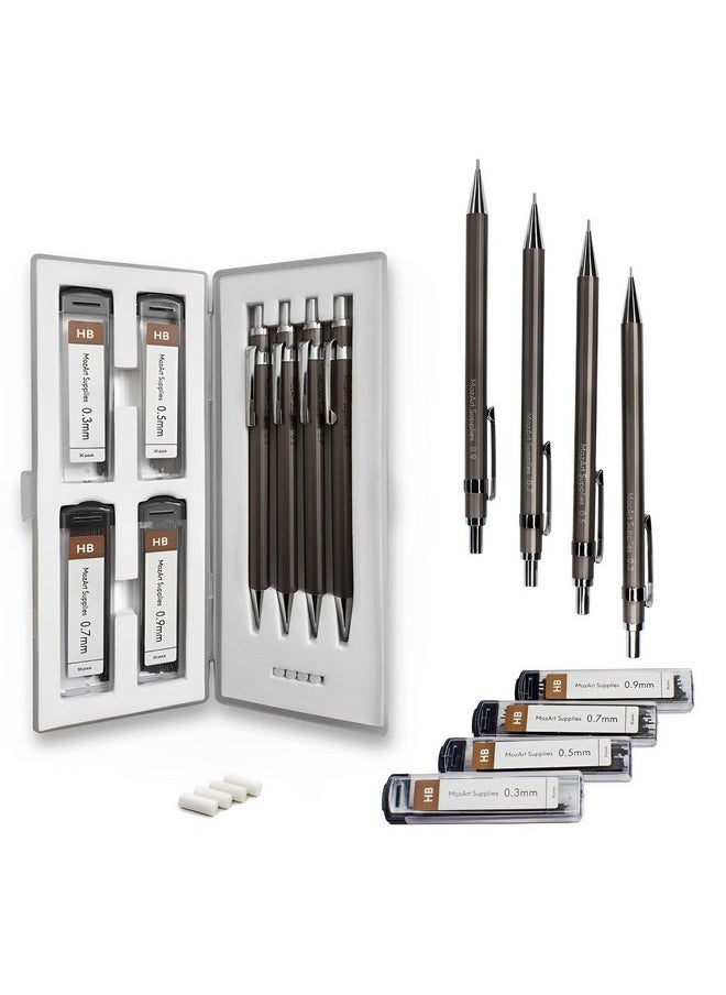 MozArt Supplies - Mozart Mechanical Pencil Set With Case 4 Sizes 0.3 0.5 0.7 & 0.9Mm With 30 Hb Lead Refills Each & 4 Eraser Refills Sketch Drafting Art Drawing Supplies (Nickle) - Image 1