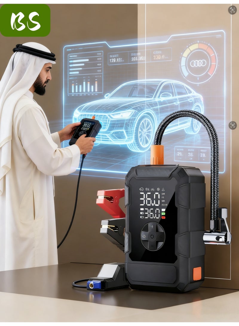 BS Logistics delays, emergency supply | Car jump starter | 20000mAh high capacity | Peak current up to 2500A | Easily starts 12V vehicles (suitable for 8.0L gasoline/6.5L diesel engines) | With 3-mode emergency light and smart clip jumper cable | High-end factory manufacturing | Perfect gift | Equipped with LED display | Flashlight | Power bank and large-capacity storage (including storage bag). - Image 4