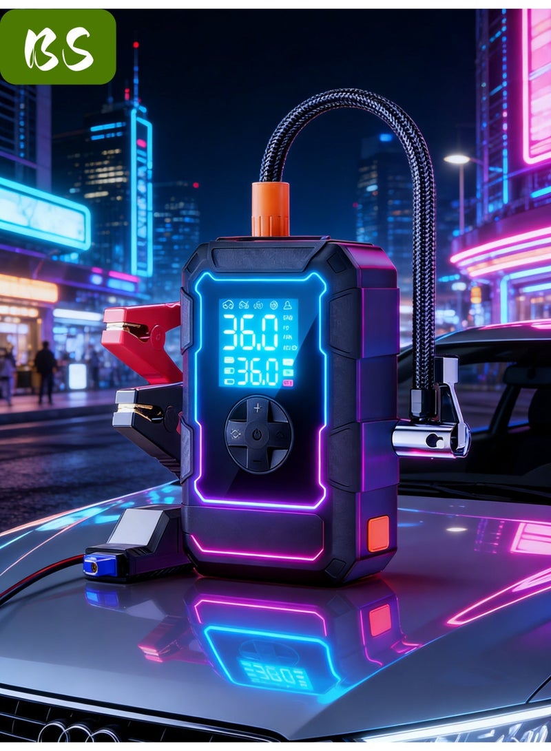 BS Logistics delays, emergency supply | Car jump starter | 20000mAh high capacity | Peak current up to 2500A | Easily starts 12V vehicles (suitable for 8.0L gasoline/6.5L diesel engines) | With 3-mode emergency light and smart clip jumper cable | High-end factory manufacturing | Perfect gift | Equipped with LED display | Flashlight | Power bank and large-capacity storage (including storage bag). - Image 3