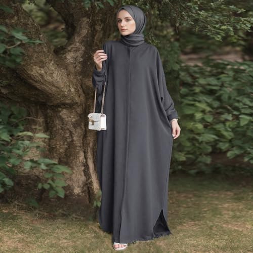 AWIBMK Abayas for Women Abaya Full Cover Dubai Turkey Kaftan Henley Shirt Prayer Dress Muslim Batwing Sleeve Arabian Robe Ramadan Maxi Dresses Modest Islamic Casual Clothes Outfit Dark Grey One Size - Image 3