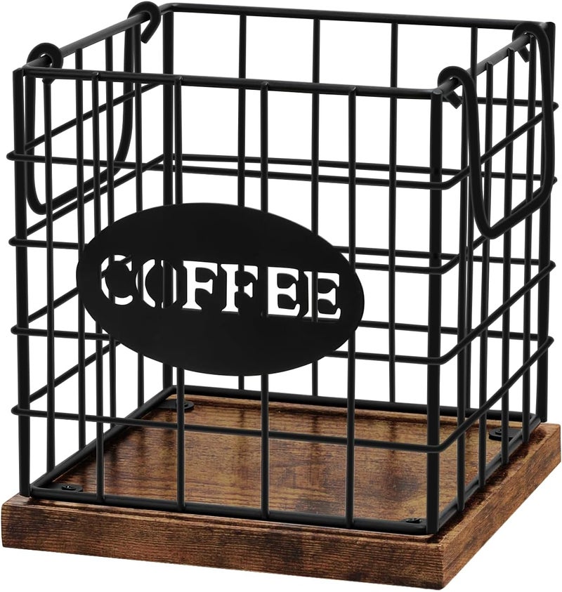 BCOZLUX Coffee Pod Holder Organizer,Large Capacity K Cup Holder Organizer, Storage Basket for Kitchen Countertop Office Coffee Bar with Wooden Base(Rustic Brown-Square) - Image 1
