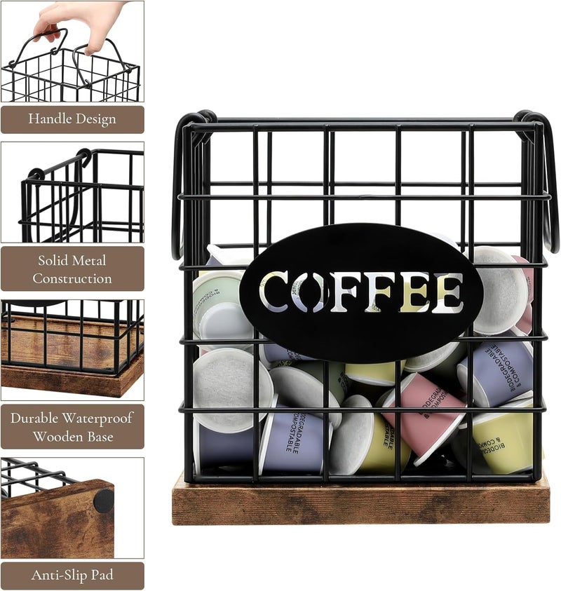 BCOZLUX Coffee Pod Holder Organizer,Large Capacity K Cup Holder Organizer, Storage Basket for Kitchen Countertop Office Coffee Bar with Wooden Base(Rustic Brown-Square) - Image 3