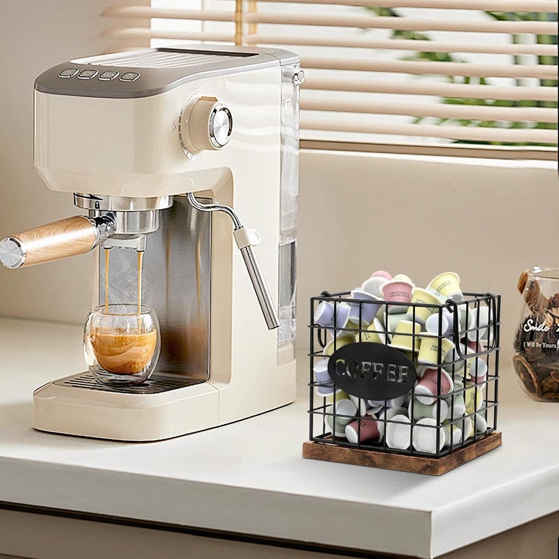 BCOZLUX Coffee Pod Holder Organizer,Large Capacity K Cup Holder Organizer, Storage Basket for Kitchen Countertop Office Coffee Bar with Wooden Base(Rustic Brown-Square) - Image 4