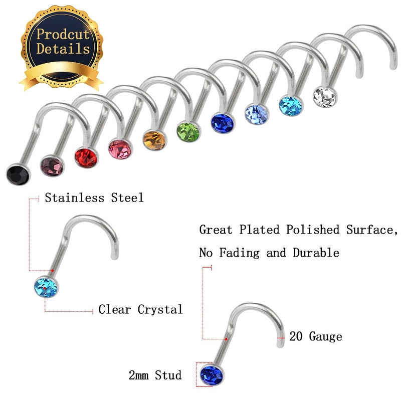 cnomg 20 pieces 316L Stainless Steel Rhinestone Nose Stud Rings Body Piercing- 10 Mixed Color 2.2 MM - Image 2