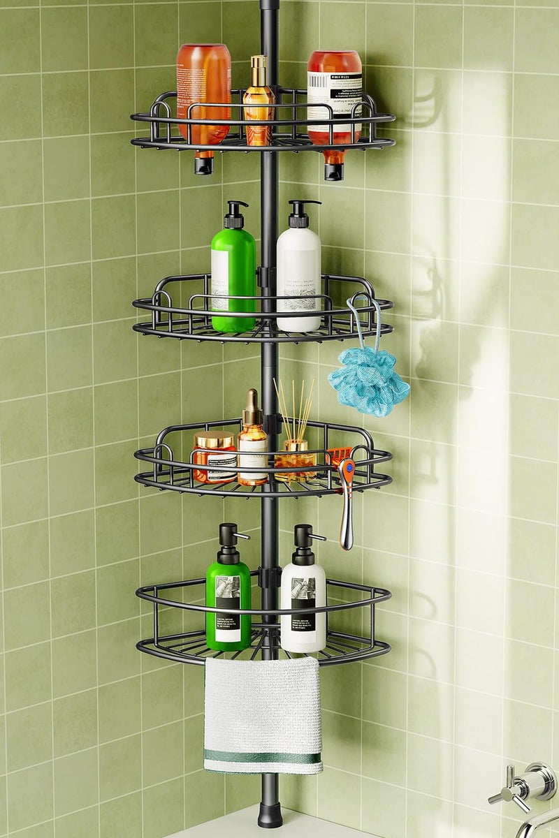 HAMITOR Corner Shower Caddy Tension Pole: 4-Tier Rust-Resistant Adjustable Bathroom Organizer Shelves - 47-121 Inch No-Drill Quick Installation - Space-Saving Storage for Renters Families - Black - Image 1