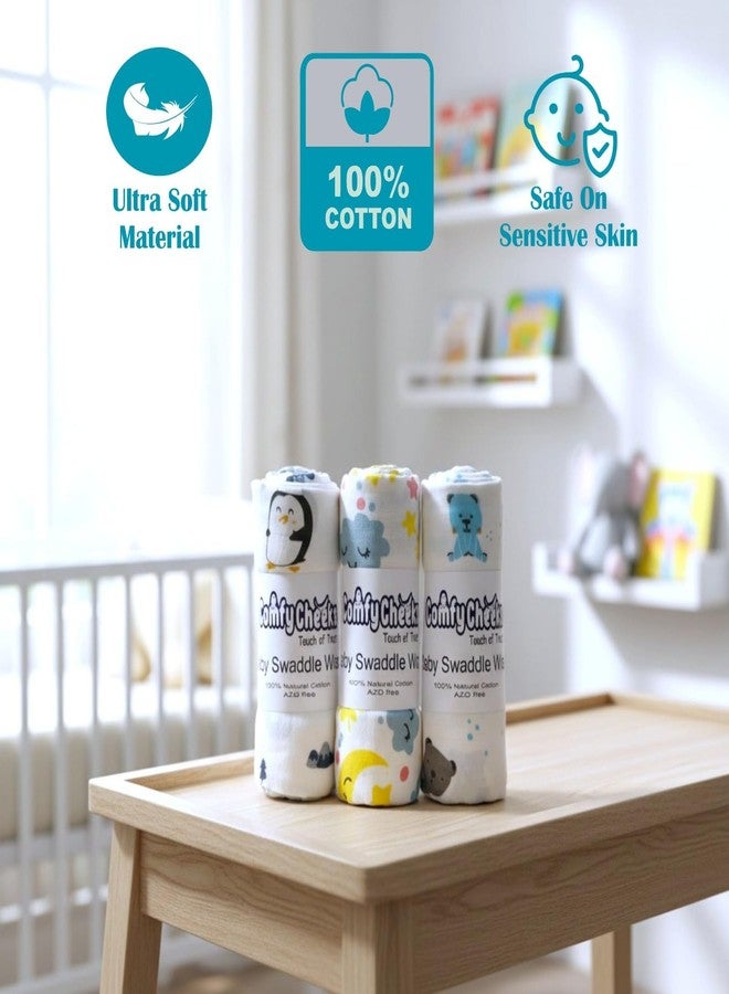 Comfy Cheeks Baby Essentials Gift Set for Newborns | Includes 3 Soft Cotton Muslin Swaddles, 2 Face Napkins, BPA-Free Baby Rattle & Natural Wooden Comb - Image 3