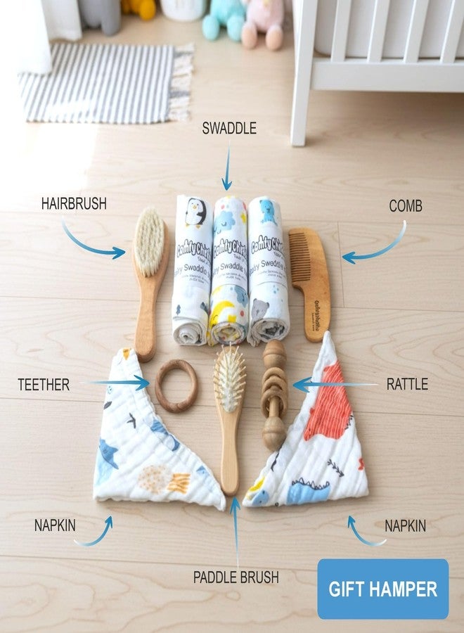 Comfy Cheeks Baby Essentials Gift Set for Newborns | Includes 3 Soft Cotton Muslin Swaddles, 2 Face Napkins, BPA-Free Baby Rattle & Natural Wooden Comb - Image 2