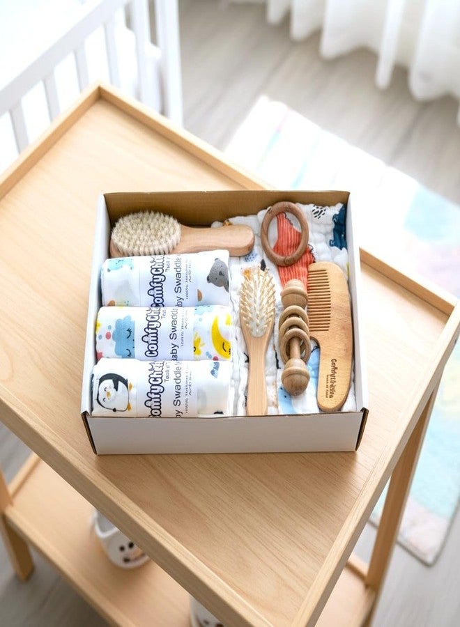 Comfy Cheeks Baby Essentials Gift Set for Newborns | Includes 3 Soft Cotton Muslin Swaddles, 2 Face Napkins, BPA-Free Baby Rattle & Natural Wooden Comb - Image 1