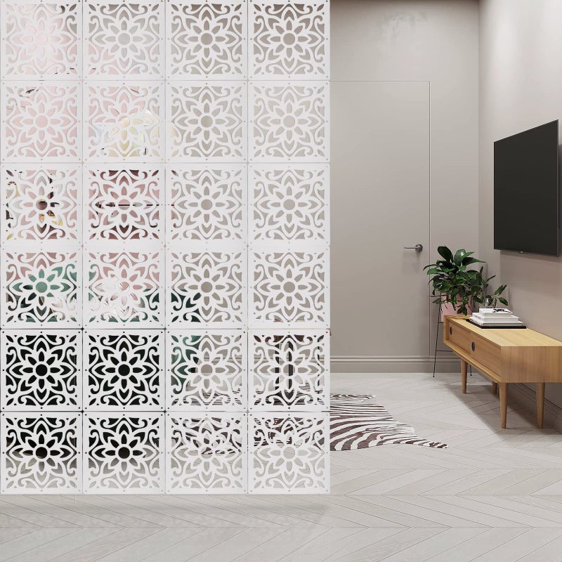 أنميني 24 قطعة شاشة تقسيم الغرفة المعلقة لوحات جدارية سميكة مزخرفة بنمط نقوش زهرية تصميم مجوف لغرفة النوم والمعيشة وغرفة الطعام والمطبخ والمكتب والمطعم والديكور المنزلي والفندقي زهور بيضاء