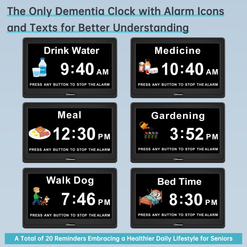 Soobest 12â€ Dementia Digital Clock for Seniors Extra Large, 20 Alarm Reminders Date Day Time Display for Elderly Memory Loss Alzheimers, Electric Calendar Clock, Auto DST, 1024 * 600P HD - Image 3