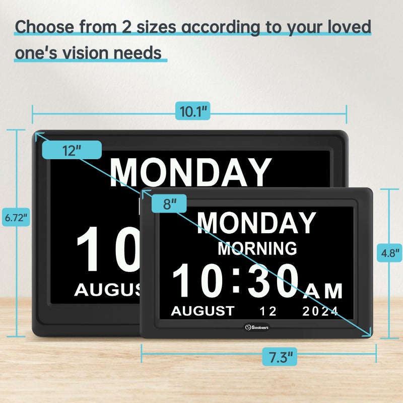 Soobest 12â€ Dementia Digital Clock for Seniors Extra Large, 20 Alarm Reminders Date Day Time Display for Elderly Memory Loss Alzheimers, Electric Calendar Clock, Auto DST, 1024 * 600P HD - Image 2