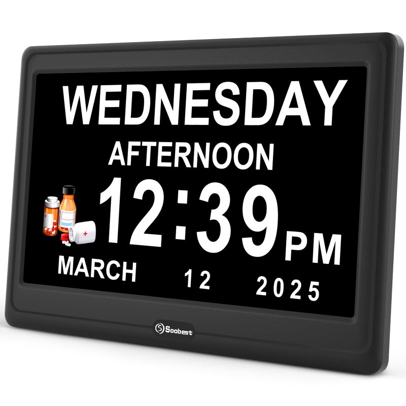 Soobest 12â€ Dementia Digital Clock for Seniors Extra Large, 20 Alarm Reminders Date Day Time Display for Elderly Memory Loss Alzheimers, Electric Calendar Clock, Auto DST, 1024 * 600P HD - Image 1