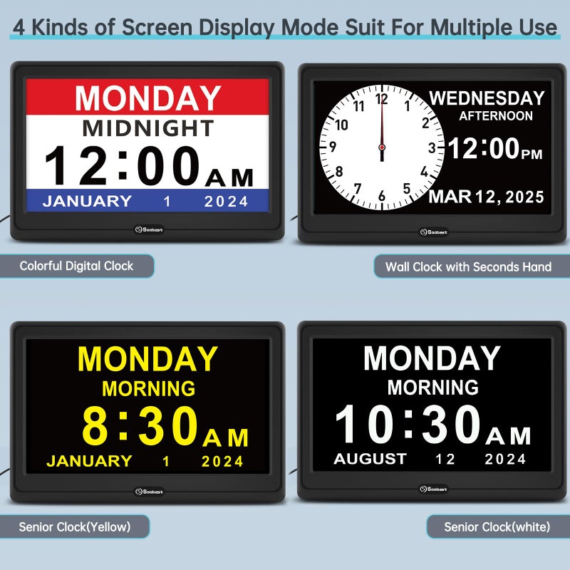 Soobest 12â€ Dementia Digital Clock for Seniors Extra Large, 20 Alarm Reminders Date Day Time Display for Elderly Memory Loss Alzheimers, Electric Calendar Clock, Auto DST, 1024 * 600P HD - Image 5