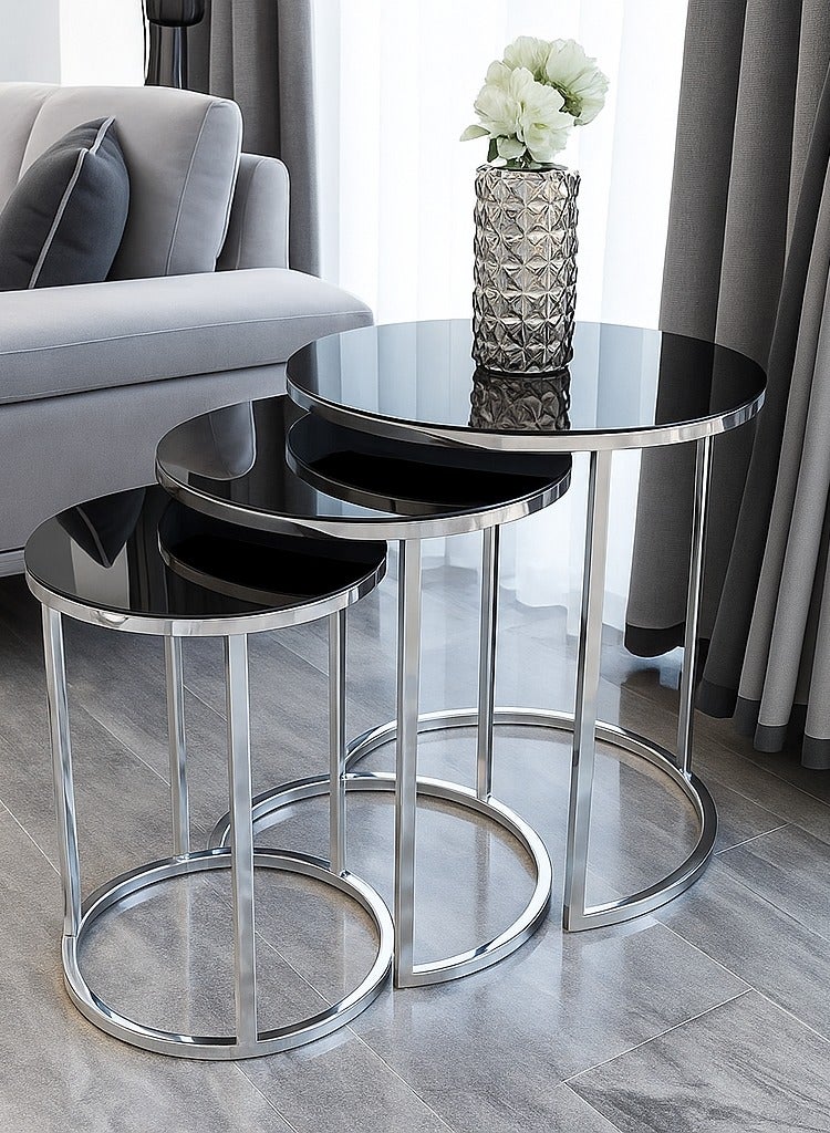 Masa Furniture 3-piece modern design side table set – shiny silver stainless steel and black glass – by Masa Furniture, specially made for lovers of luxurious details and elegant touches. 