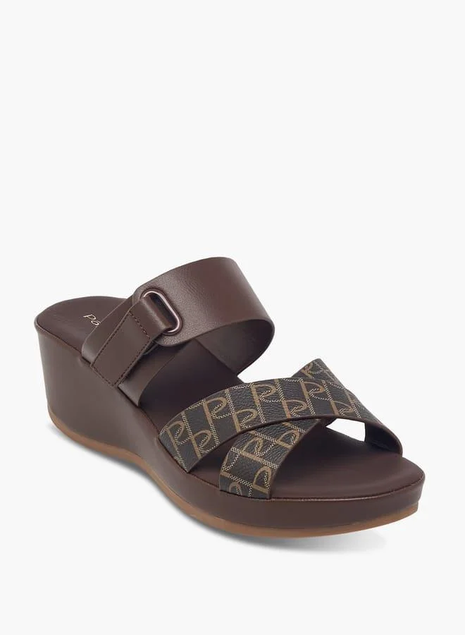 Women's Monogram Print Slip-On Cross-Strap Sandals With Wedge Heel