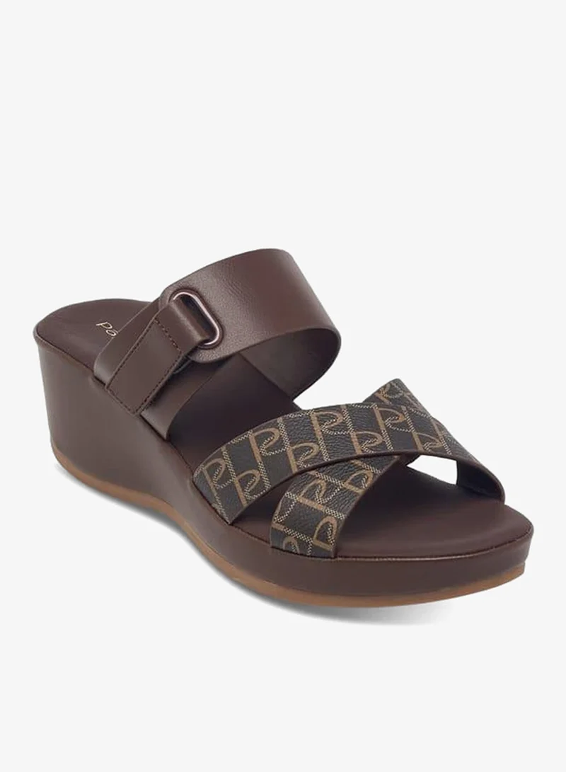 Paprika BROWN Women's Monogram Print Slip-On Cross-Strap Sandals With Wedge Heel for Women | Best Price UAE