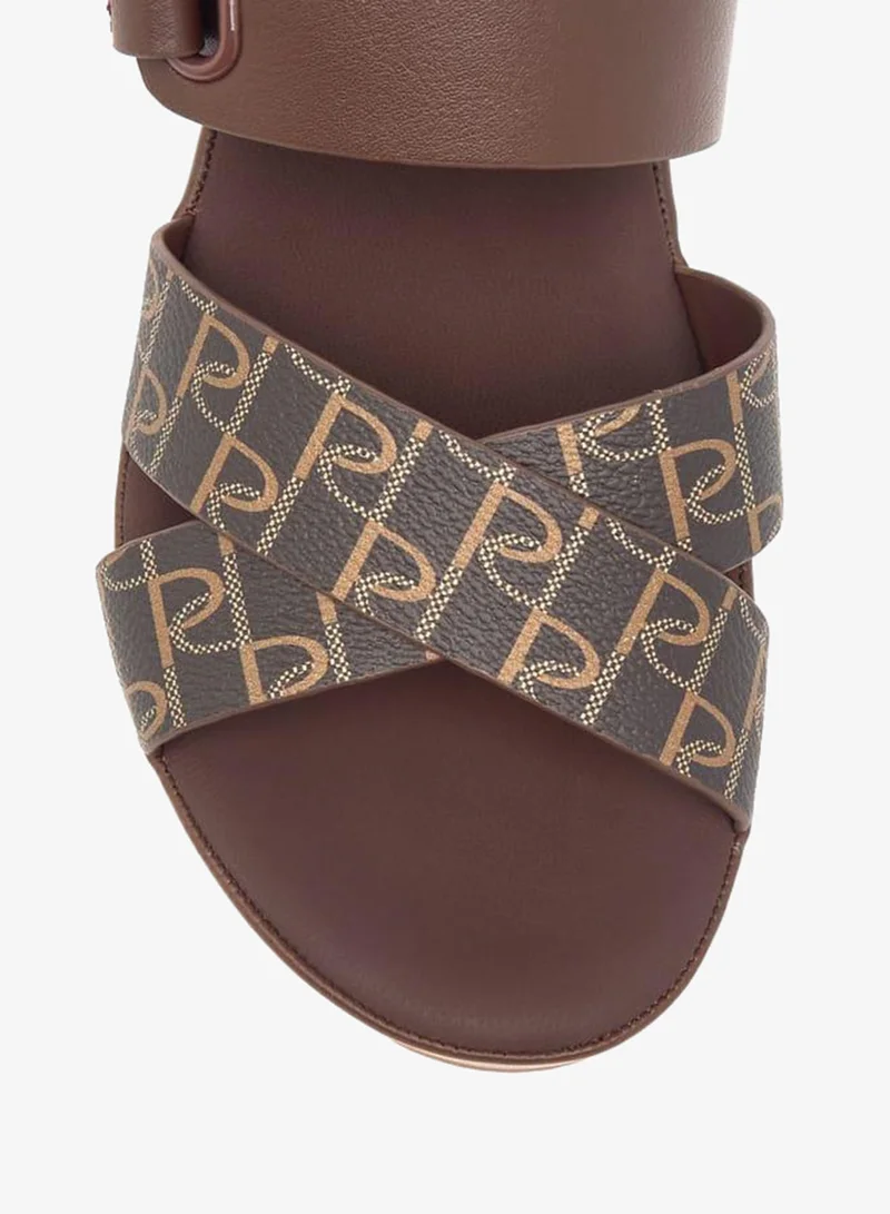 Paprika BROWN Women's Monogram Print Slip-On Cross-Strap Sandals With Wedge Heel for Women | Best Price UAE