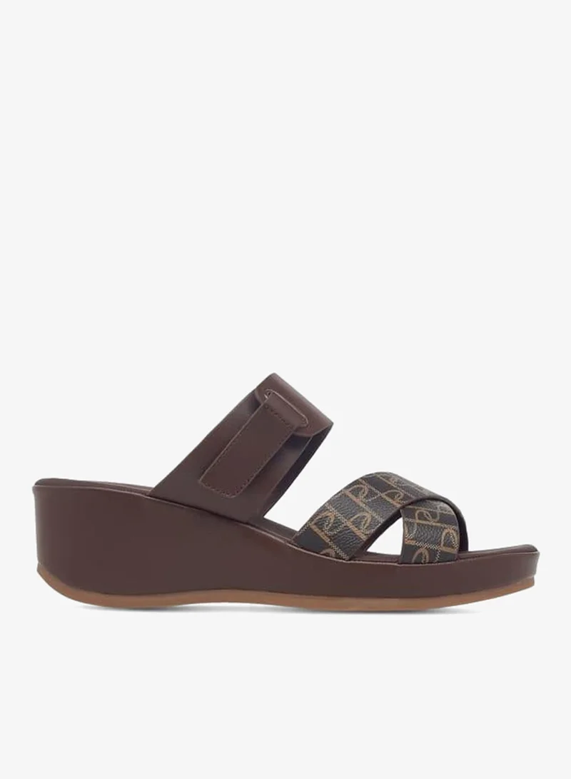 Paprika Women's Monogram Print Slip-On Cross-Strap Sandals With Wedge Heel