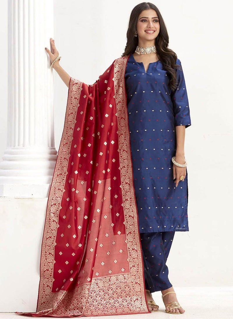 ISHIN Women's Navy Blue Art Silk Printed Tunic Full Length Casual Regular Fit Kurta Set - Image 3