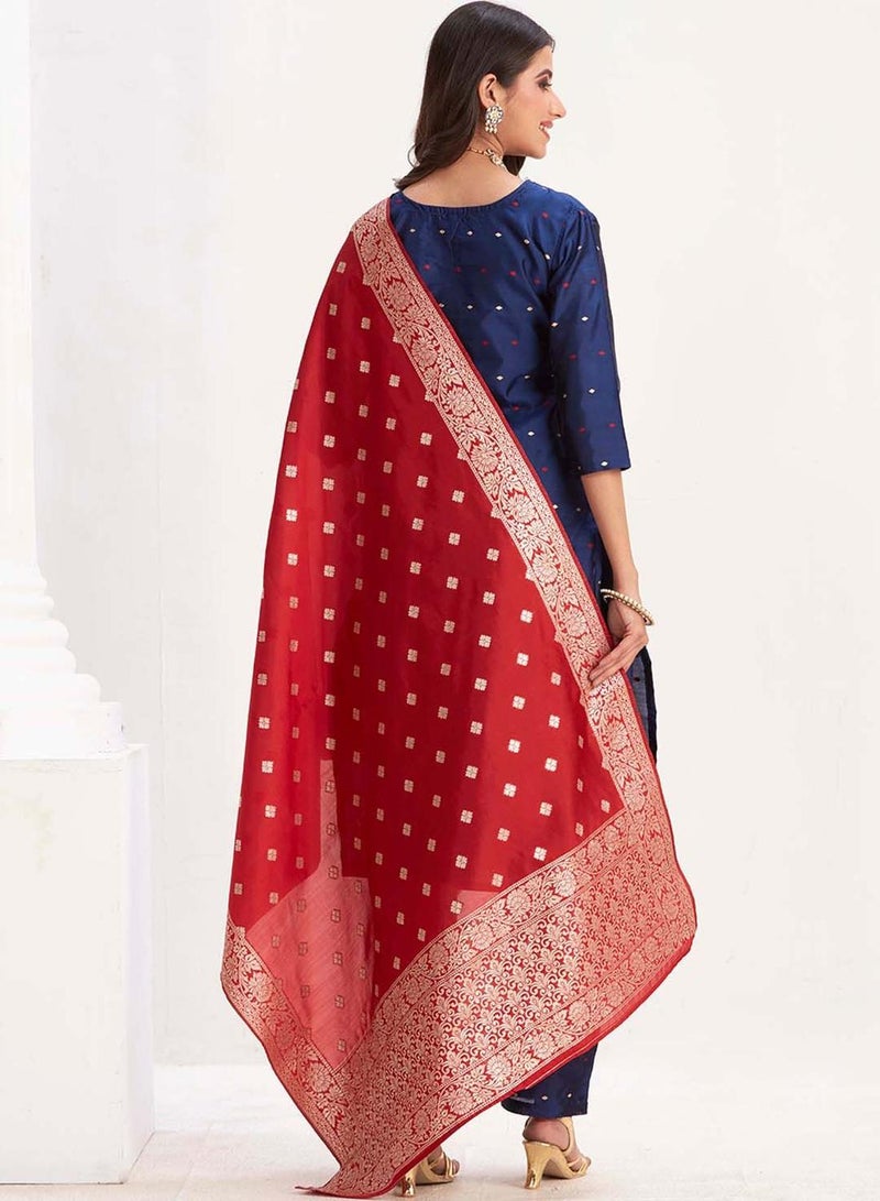 ISHIN Women's Navy Blue Art Silk Printed Tunic Full Length Casual Regular Fit Kurta Set - Image 5