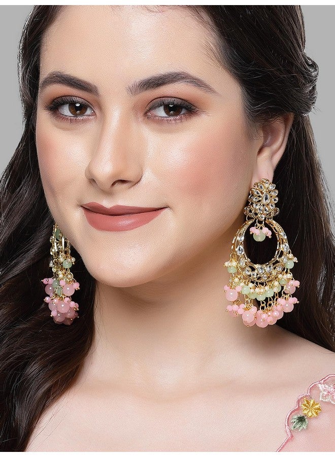 Karatcart Gold Plated Pink and Light Green Kundan Drop Earrings for Women - Image 3