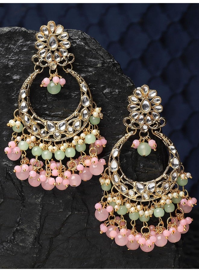Karatcart Gold Plated Pink and Light Green Kundan Drop Earrings for Women - Image 4