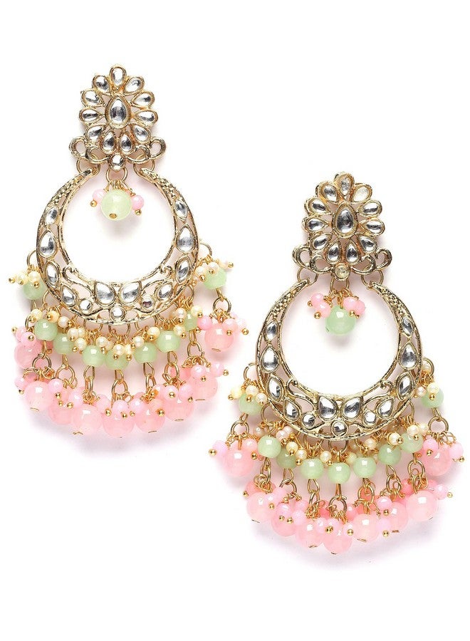Karatcart Gold Plated Pink and Light Green Kundan Drop Earrings for Women - Image 5