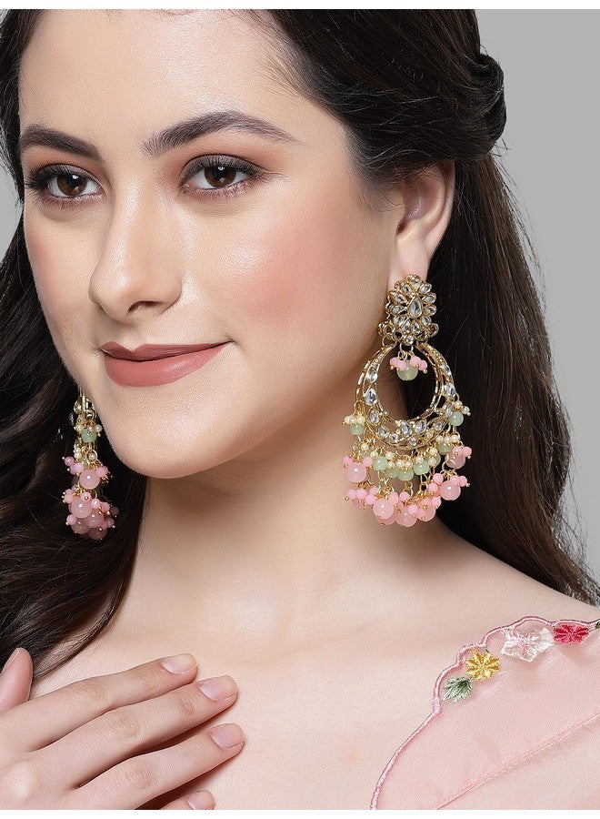 Karatcart Gold Plated Pink and Light Green Kundan Drop Earrings for Women - Image 2