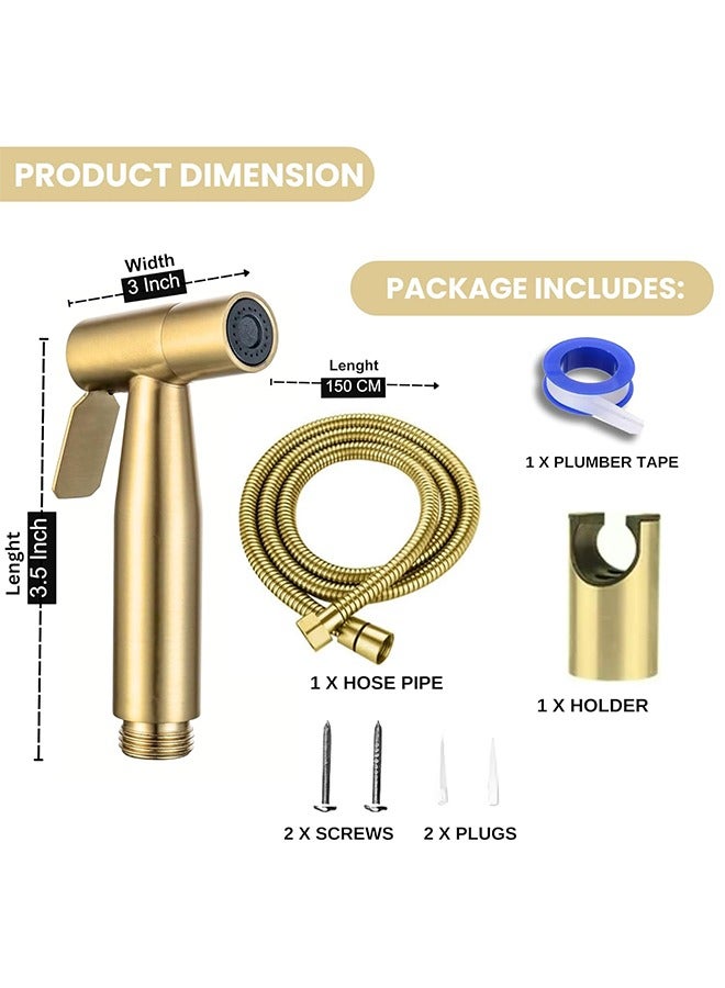 MVAQKLM شطاف يدوي للحمام | طقم شطاف من الفولاذ المقاوم للصدأ 304 عالي التحمل، بطول 150 سم (ذهبي) - Image 5