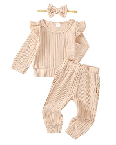 Mioglrie Baby Girl Clothes 12-18 Month Fall Winter Outfits Infant Sweatsuit Newborn Sweatshirt Fleece Ruffle Beige Sweat Pant Set for 1 Year Old Girls Clothing - Image 1