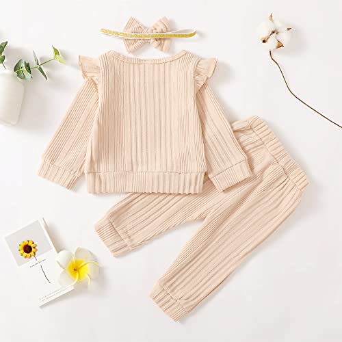 Mioglrie Baby Girl Clothes 12-18 Month Fall Winter Outfits Infant Sweatsuit Newborn Sweatshirt Fleece Ruffle Beige Sweat Pant Set for 1 Year Old Girls Clothing - Image 3