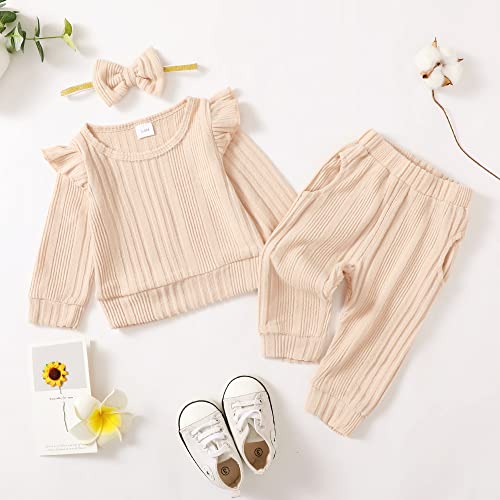 Mioglrie Baby Girl Clothes 12-18 Month Fall Winter Outfits Infant Sweatsuit Newborn Sweatshirt Fleece Ruffle Beige Sweat Pant Set for 1 Year Old Girls Clothing - Image 2