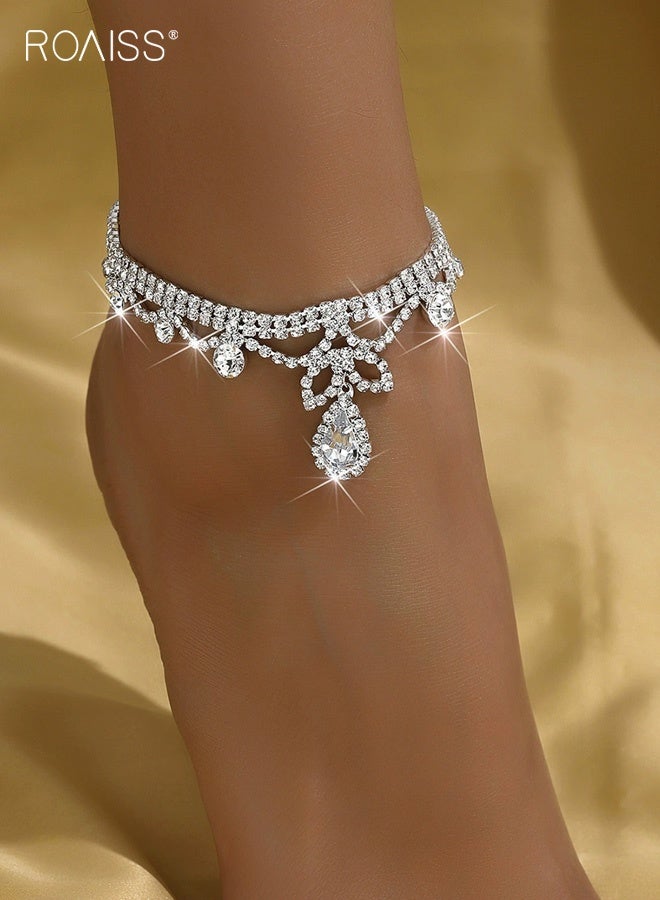 roaiss Women's Ankle Chains, New Style Rhinestone Wedding Ankle Chains for Women, Trendy Teardrop Shimmering Full-Diamond Beach Ankle Jewelry, Sliver - Image 1