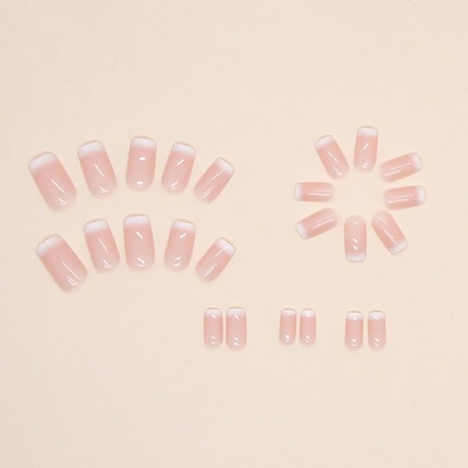 JUSTOTRY 24 Pcs Nude Press on Nails Short PatternGlossy Solid Fake Nails SquareWhite Squoval Stick on Nails for Women and TeensGlue on Nails for Nails Art Gifts - Image 2