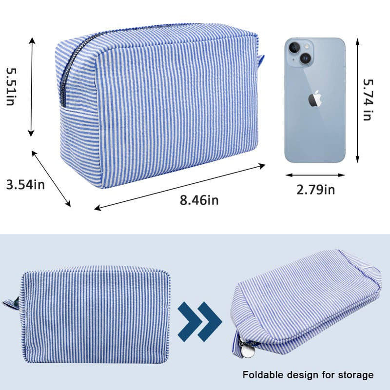 GFU Makeup Bag for Women, Cute Cosmetic Bag, Lightweight Toiletry Make up Bag, Large Seersucker Aesthetic Organizer Storage Pouch for Girls, Women and Moms Gifts, Blue - Image 4