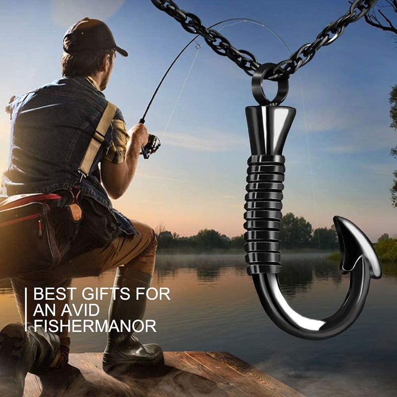 abooxiu Fishing Hook Urn Necklace for Ashes Fish Hook Stainless Steel Cremation Jewelry Memorial Pendant Keepsake for Men (Black) - Image 5