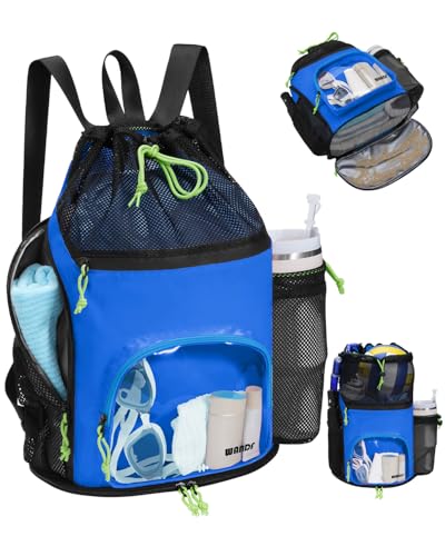 WANDF Swim Bag with Wet Pockets Sandproof Beach Backpack with 40oz Tumbler Side Pockets Mesh Drawstring Backpack Swim Bag for Swimming Pool Gym and Workout Gear Blue - Image 1