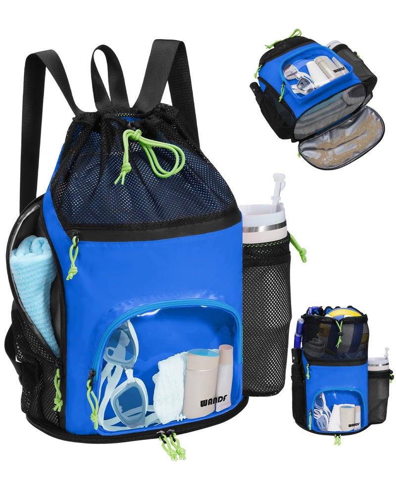 WANDF Swim Bag with Wet Pockets Sandproof Beach Backpack with 40oz Tumbler Side Pockets Mesh Drawstring Backpack Swim Bag for Swimming Pool Gym and Workout Gear Blue - Image 2