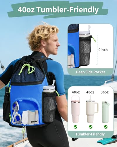 WANDF Swim Bag with Wet Pockets Sandproof Beach Backpack with 40oz Tumbler Side Pockets Mesh Drawstring Backpack Swim Bag for Swimming Pool Gym and Workout Gear Blue - Image 3